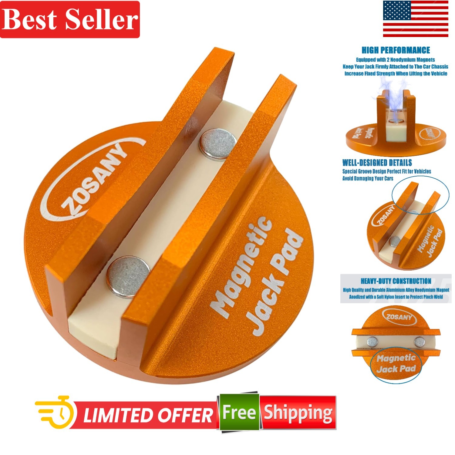 Universal Magnetic Pinch Weld Jack Pad for Car Frame Rails 3 Ton Aluminum