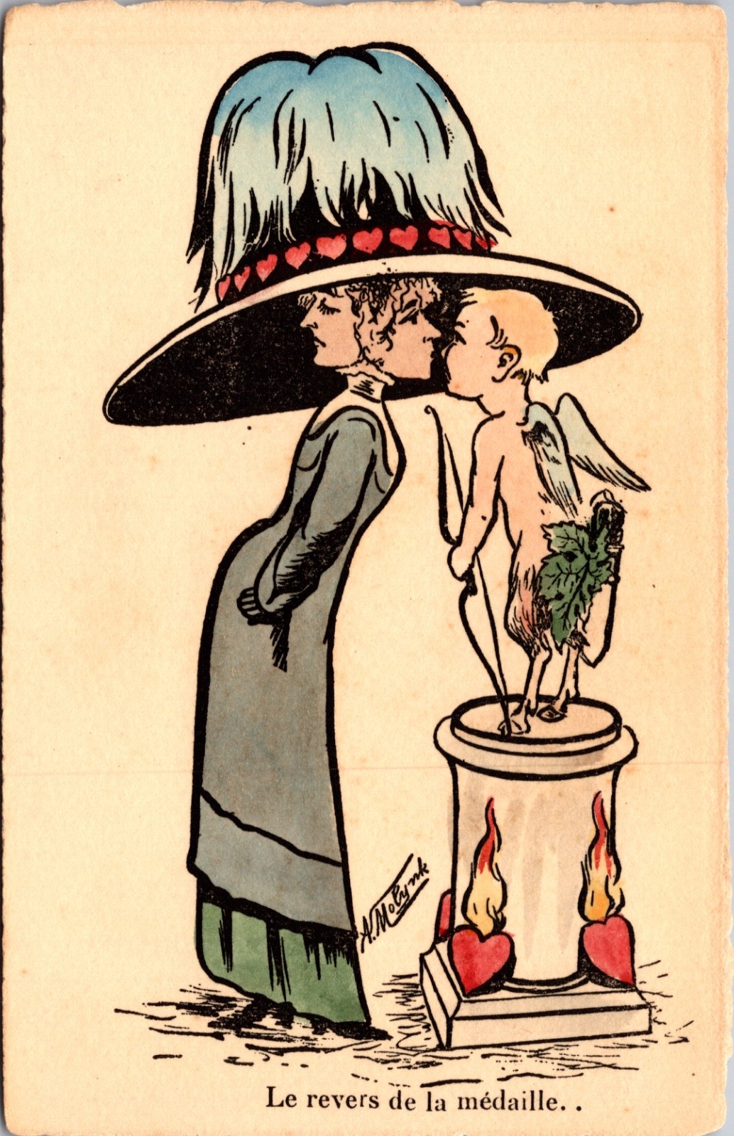 French Satirical Cupid Lady Hat Hearts Le Revers de la Medaille Postcard French Satirical Cupid Lady Hat Hearts Le Revers de la Medaille Postcard