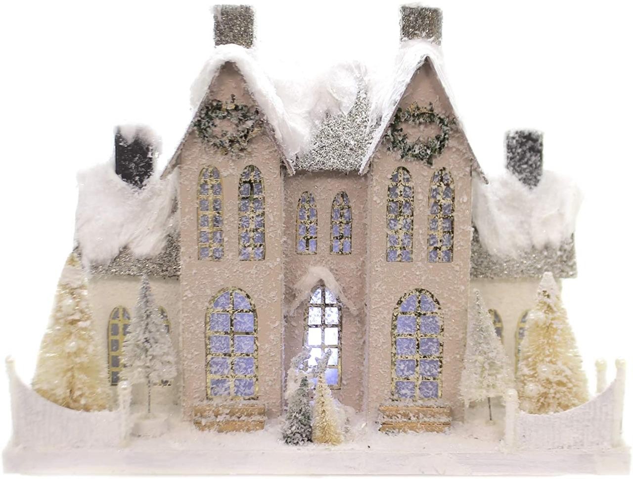 Cody Foster Christmas Village Elegant Ivory Pink Manor House w Deer Trees Wreath