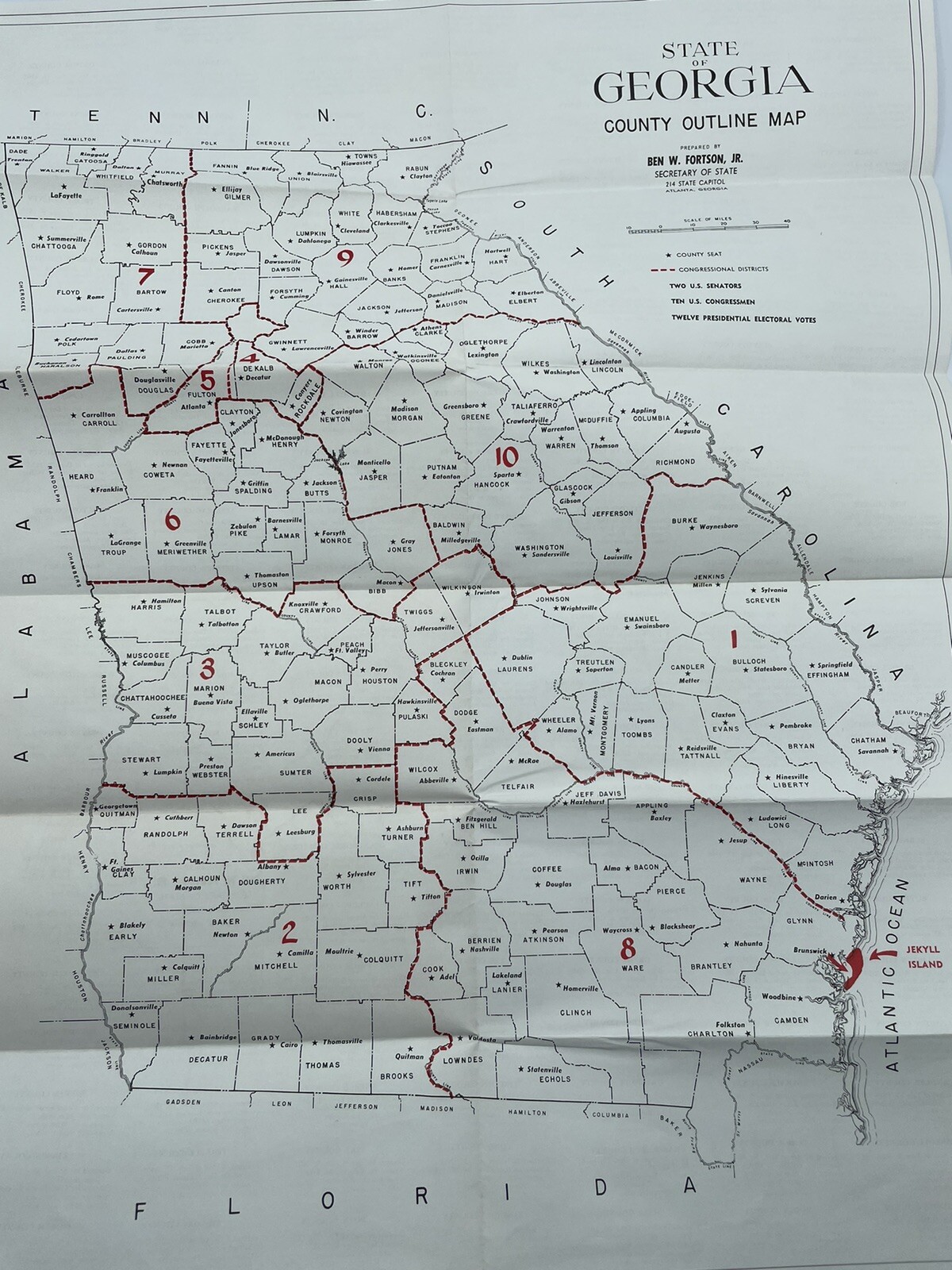 State of Georgia County Outline Map Rare Prepared by Ben W Fortson Secretary of 
