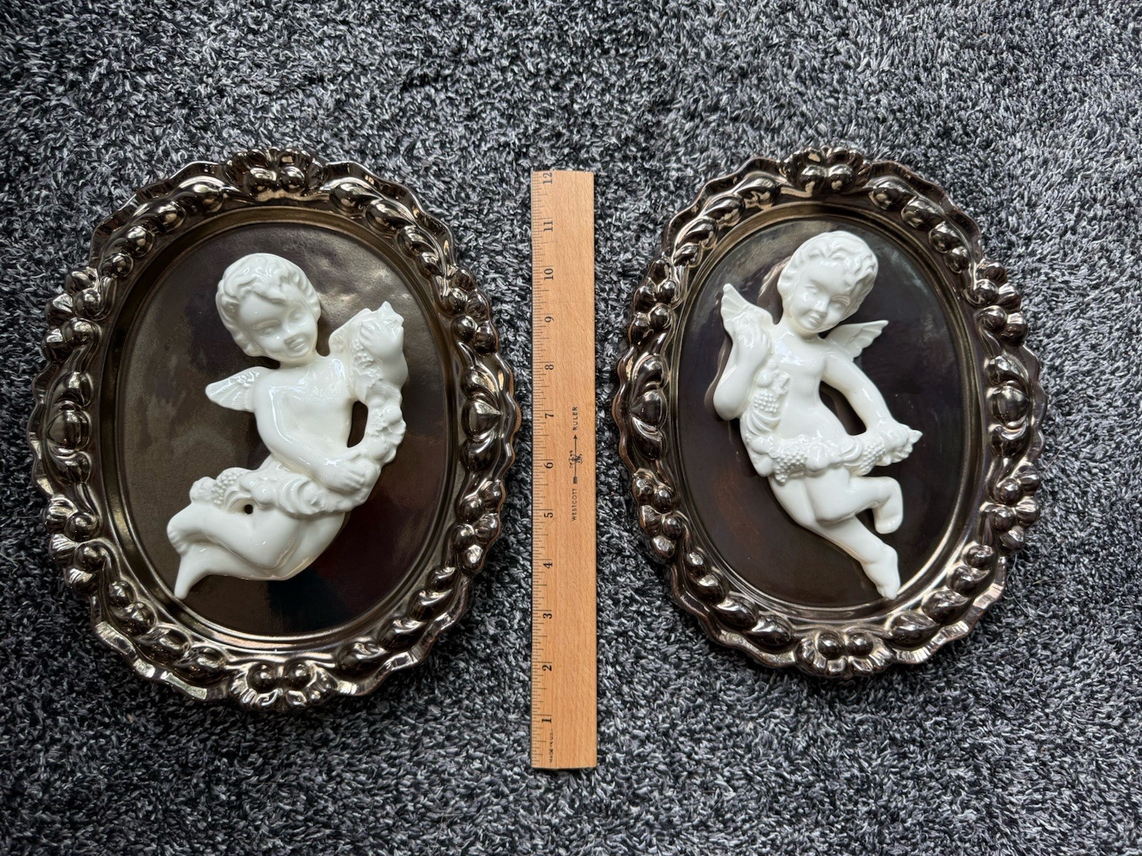 Vtg Mid-Century Cherub Wall Plaques Pair 3D White Porcelain Angel Silver Oval