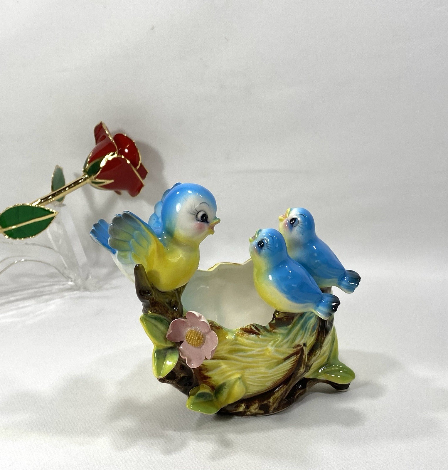 RARE Vintage Norcrest Japan Blue Birds Mama & Babies Nest Planter 5”x 5”x 4” EUC