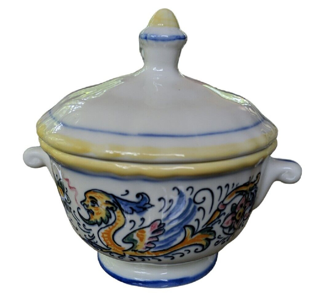 Vintage Hall Pottery Ceramic Sugar Soup  Bowl Lid Winged Floral Dragon #2582 USA