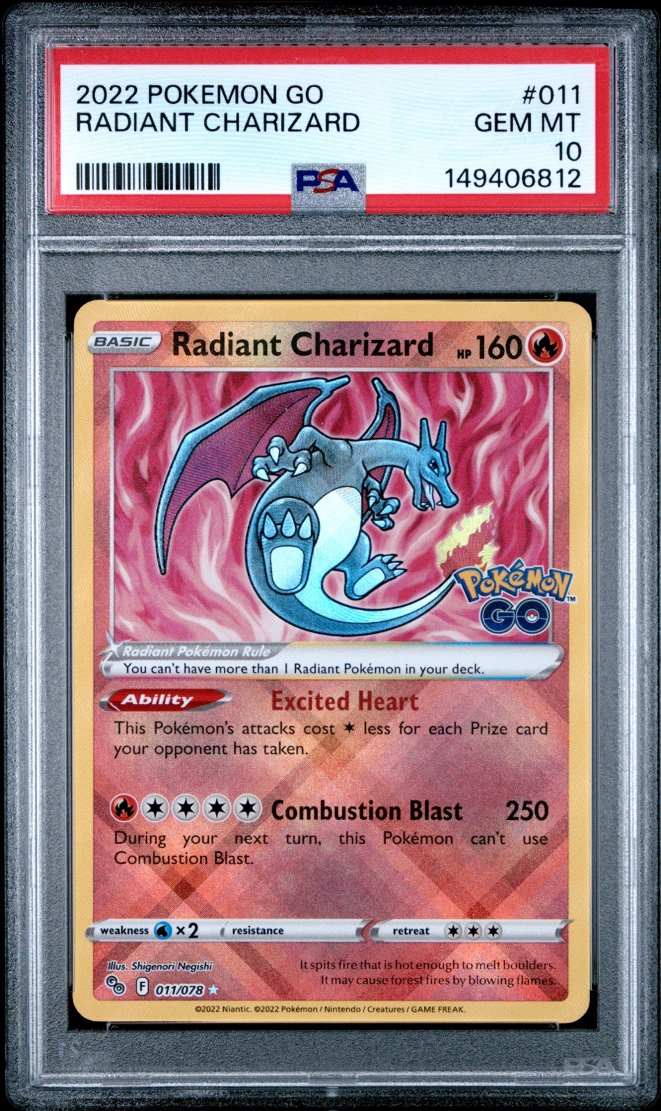 PSA 10 Radiant Charizard 011/078 Pokemon Go Holo Pokemon Card - Gem Mint