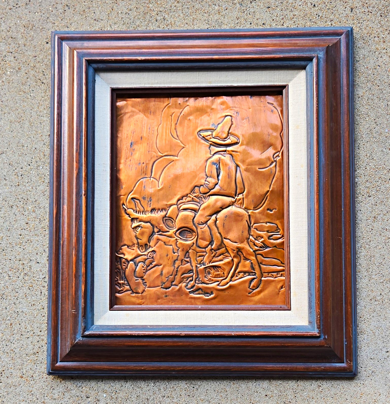 Vintage Mid Century 1959 Framed Embossed Copper Relief Wall Art - Western Cowboy
