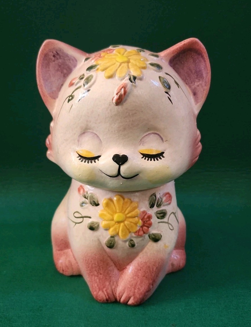 Vintage Anthropomorphic Pink Cat with Floral Design Candy or Cookie Jar, RARE Vintage Anthropomorphic Pink Cat with Floral Design Candy or Cookie Jar, RARE