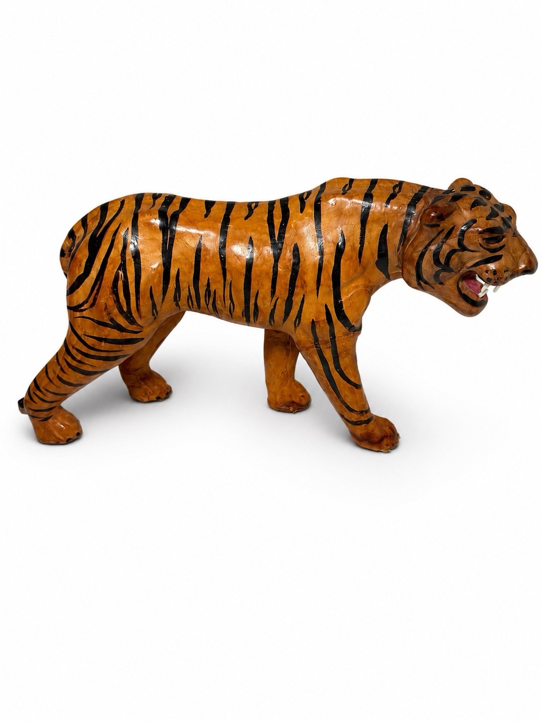 Large Vtg MCM Orange African Tiger Leather Wrapped Art Statue Glass Eyes w/Teeth