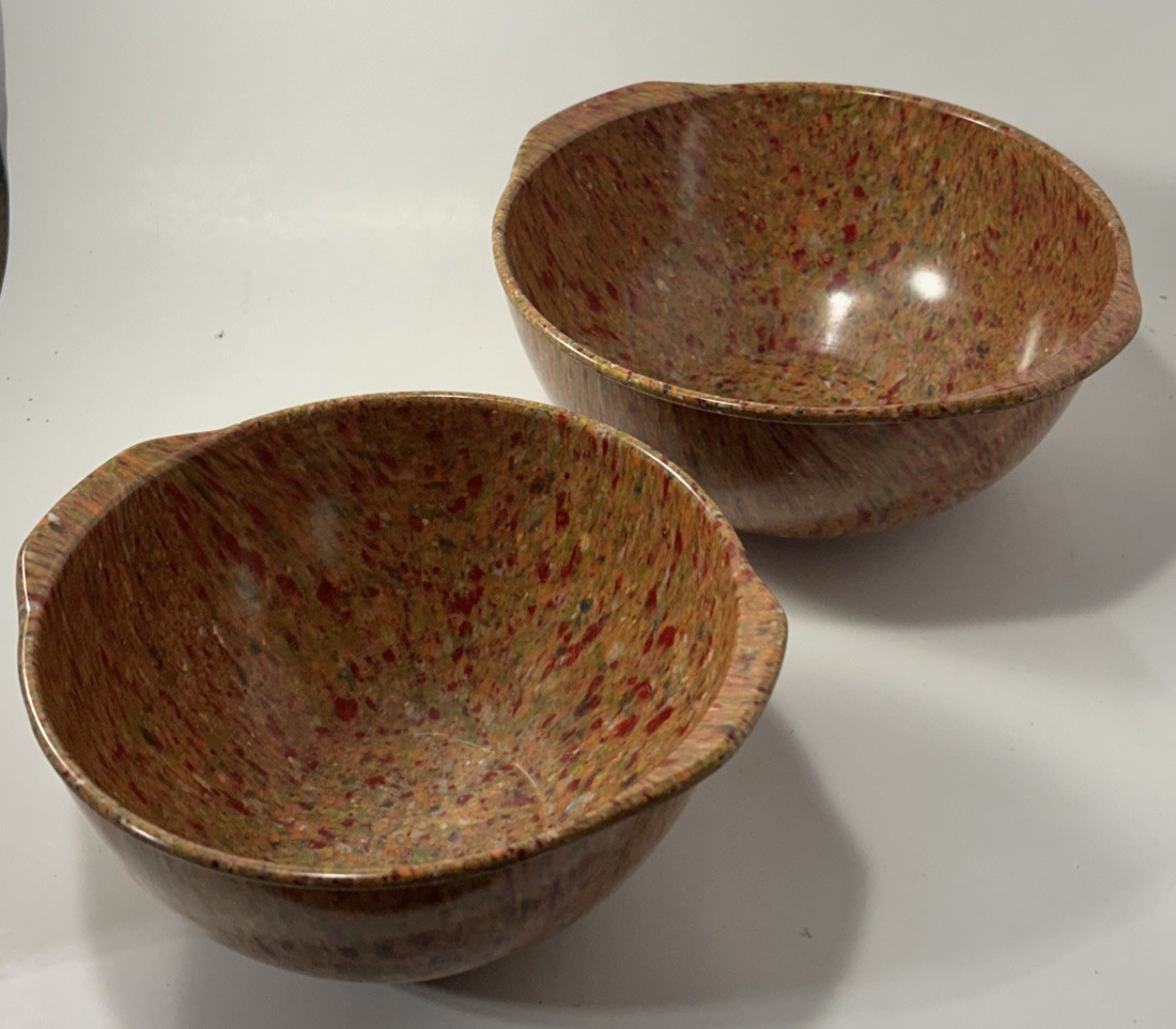 (2) Melamine Mixing Bowls-Orange/Tan/Peach Confetti Splatter-Unmarked (2) Melamine Mixing Bowls-Orange/Tan/Peach Confetti Splatter-Unmarked