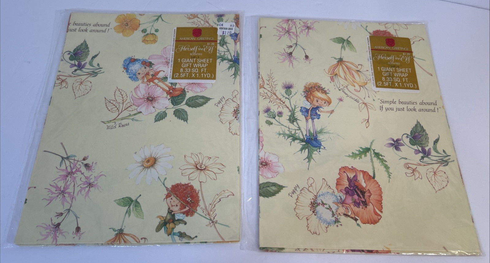 2 pkgs VINTAGE American Greetings HERSELF THE ELF Girl Gift Wrap NOS