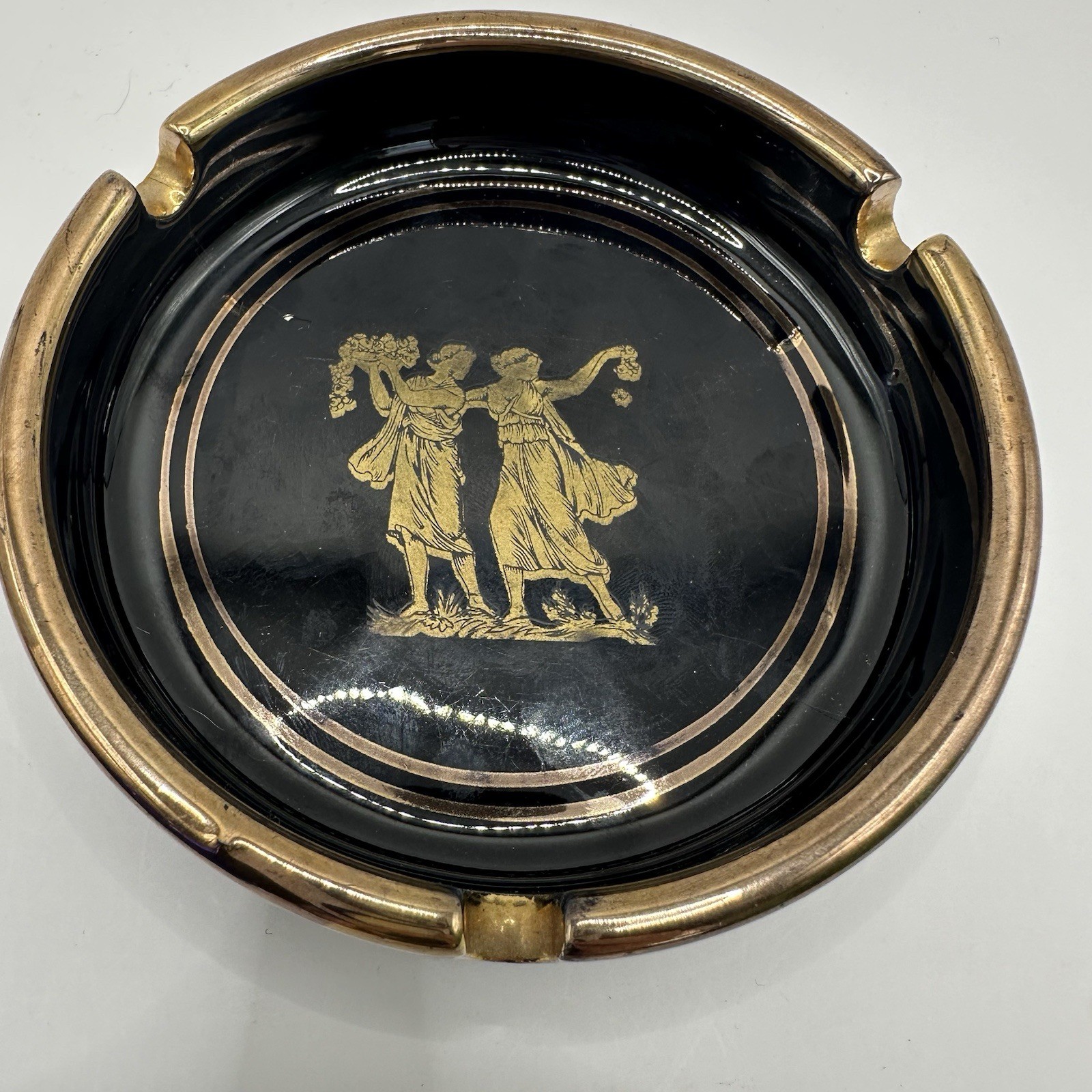 Vintage Greek Ashtray Black 24K Gold Inlay Hand Made in Greece 3.5