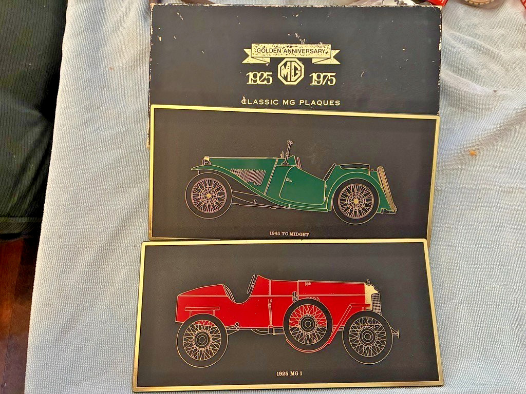 nice used Vintage Unipart MG Wall Plaques (2) with MG Anniversary 1925-1975 Box