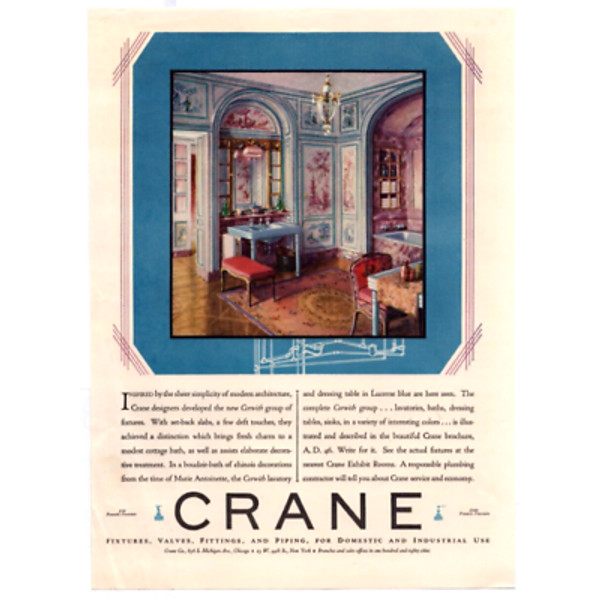 1929 Print Ad Crane Fixtures Fittings Piping Beautiful Victorian Bathroom
