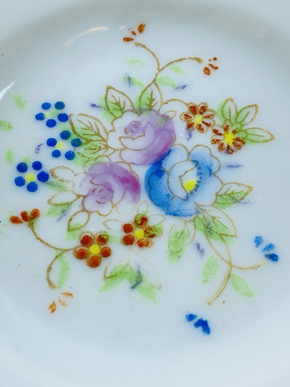 VTG Porcelain Japan Small HandPainted Dish Floral White w Gold Trim 3” x 3”