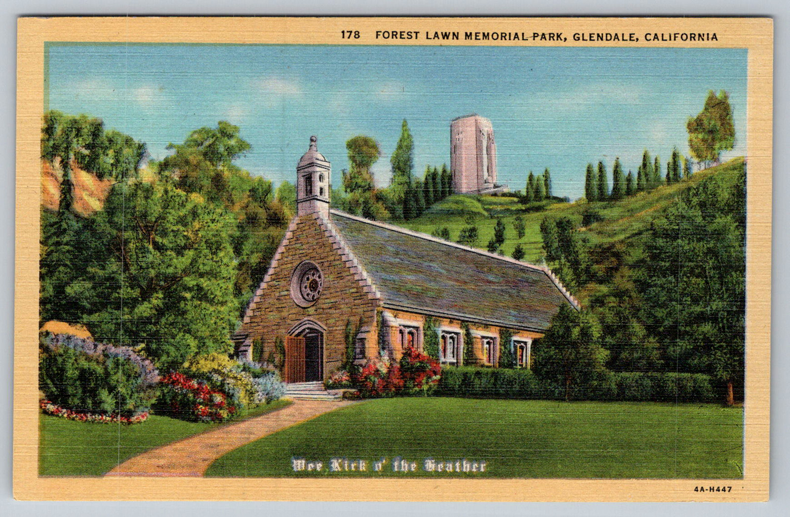 c1940s Forest Lawn Memorial Park Glendale CA Wee Kirk Linen Postcard