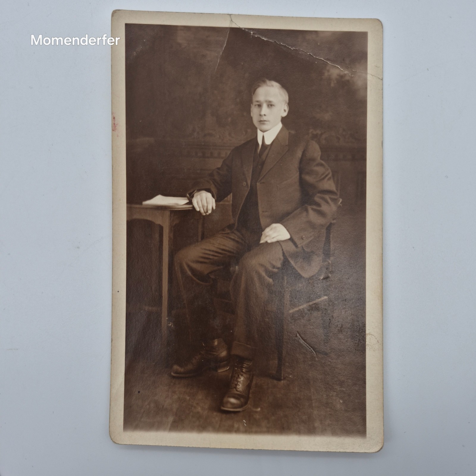Antique RPPC Young Man Seated Suit Studio Portrait Kautto Fitchburg MA c1910s