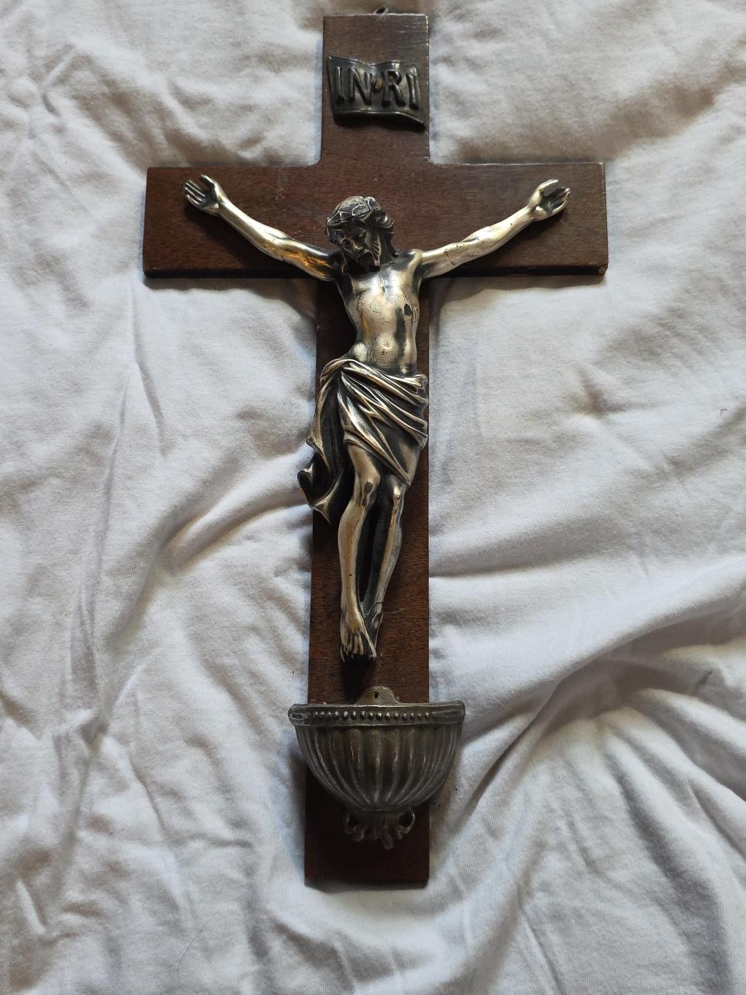 Vintage Wood Crucifix Jesus Christ Metal Corpus Holy Water Font Wall Cross 12.5