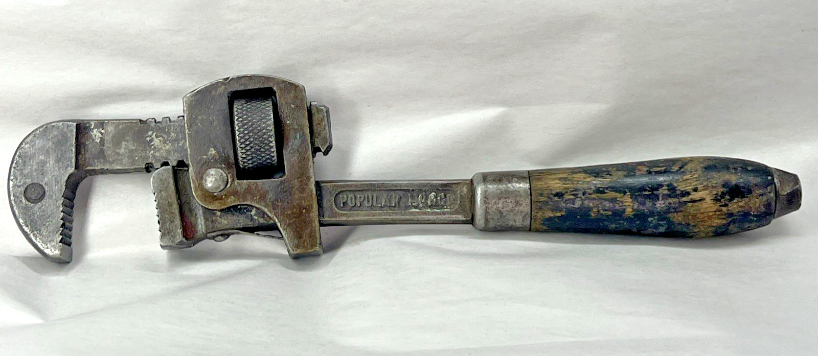 Moore Popular Antique Wood Handled Pipe Wrench 11\