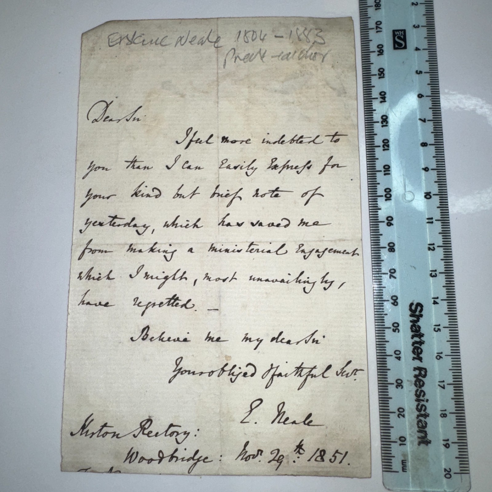 Erskine Neale Clergyman Author 1p ALS Autograph Letter 1851 Kirton Woodbridge