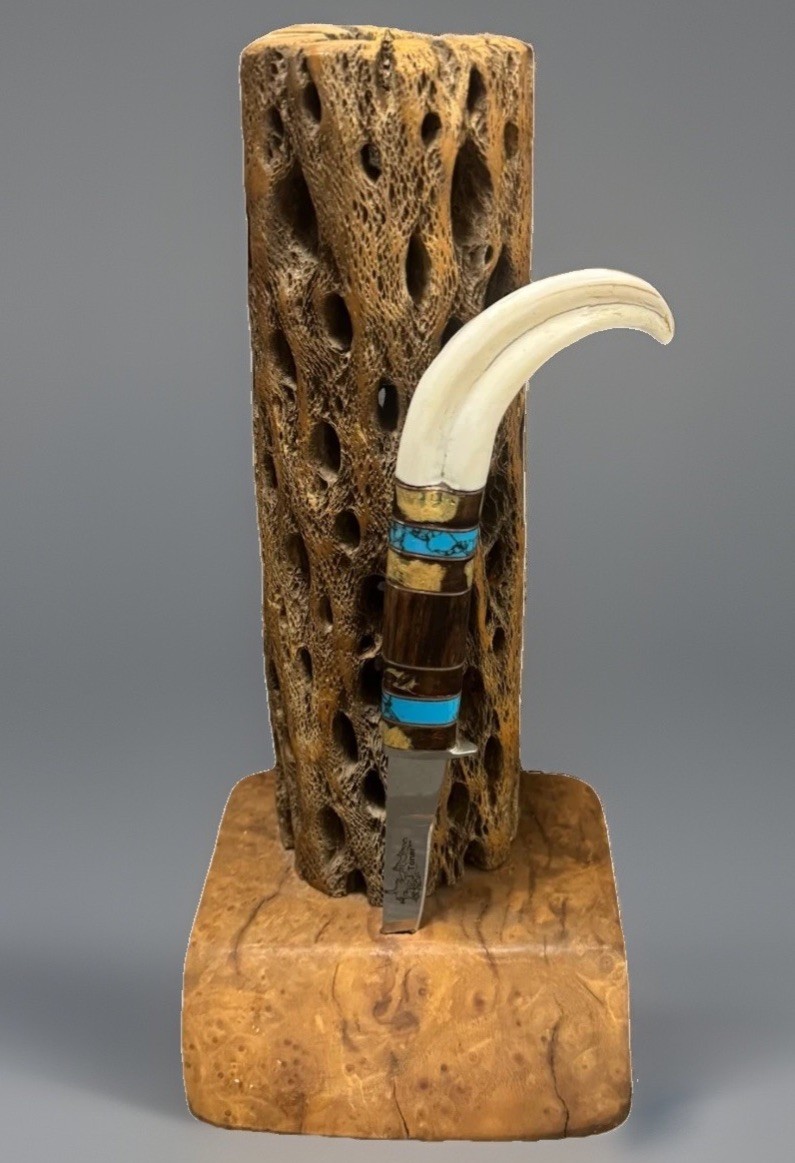 John Toner Custom Continental Divide Knife 10” Turquoise Walnut Handle Stand 12”