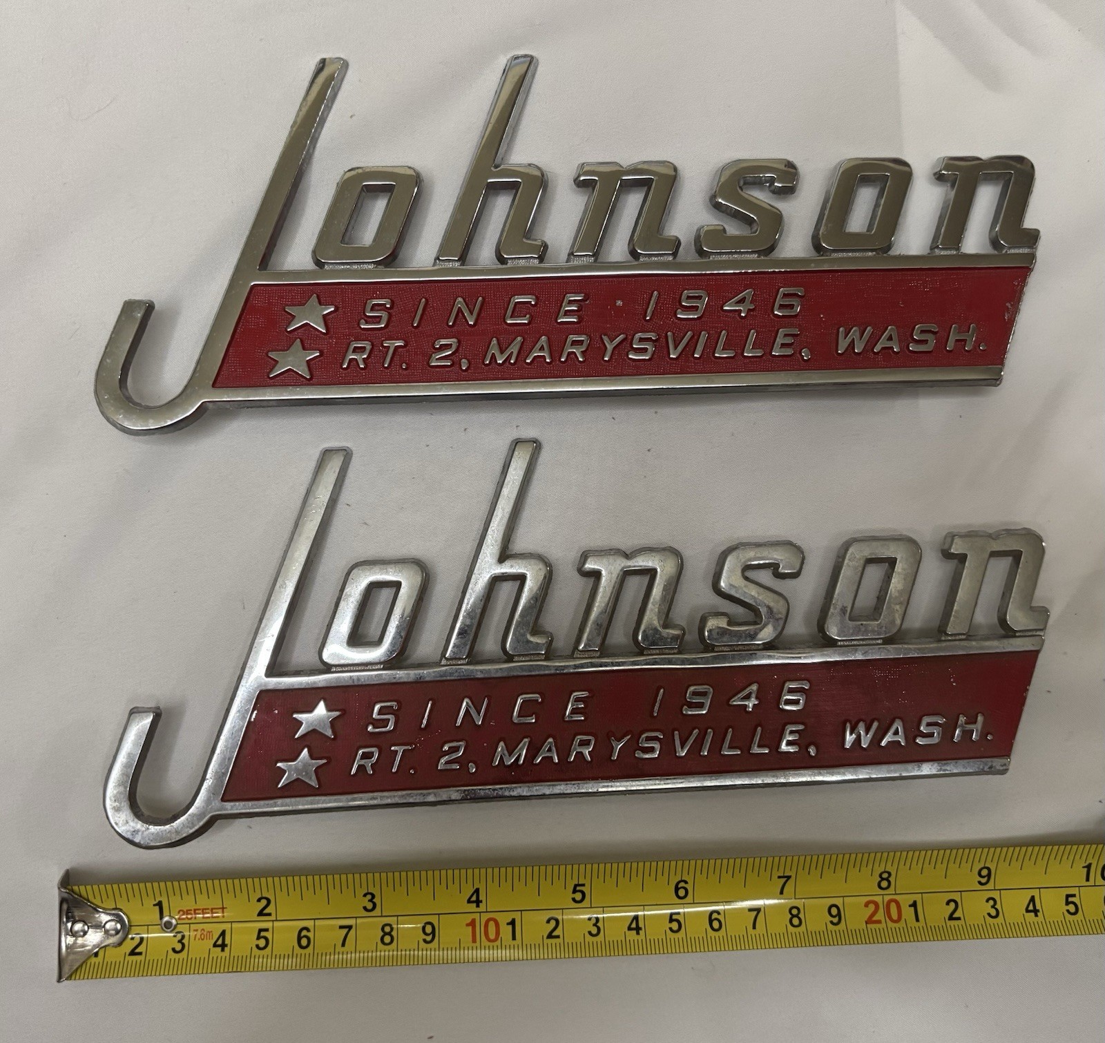 Vintage Johnson marine/dealer Emblem—Marysville, Washington RARE PAIR