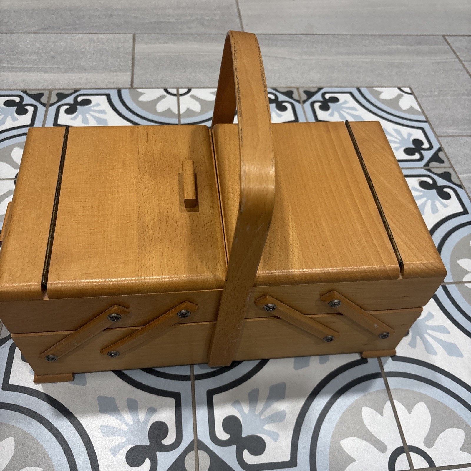 Vintage STROMMEN Bruk Hamar Norway MCM Small Wooden Accordion Sewing Box