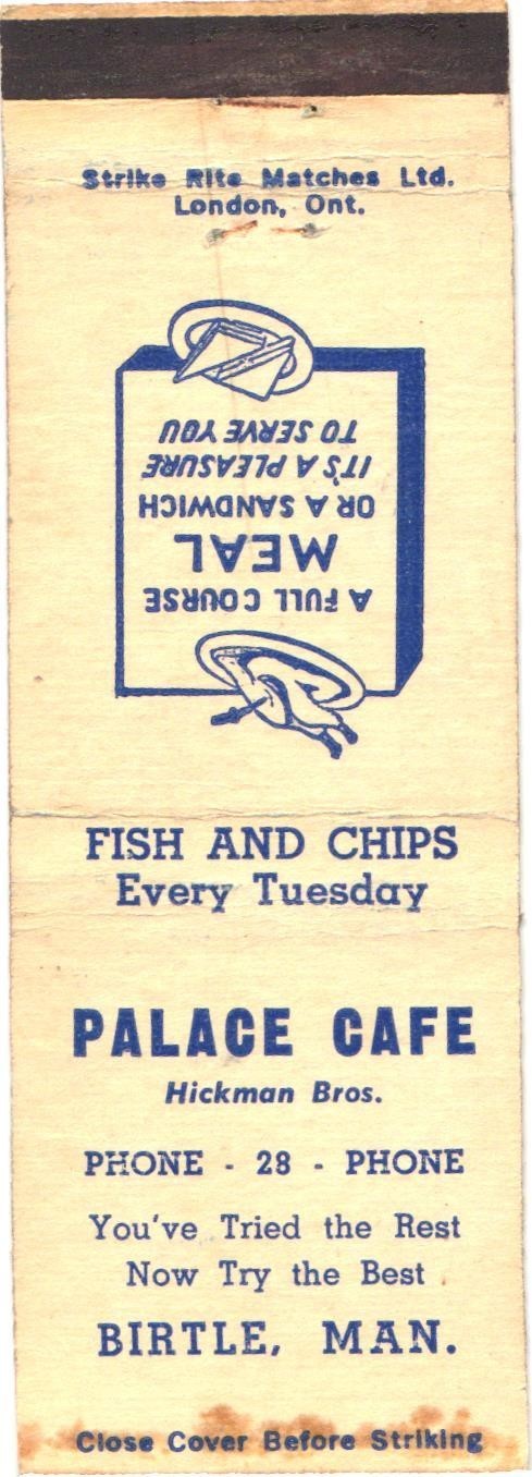 Palace Cafe Birtle Manitoba Vintage Matchbook Cover Pre-1940s