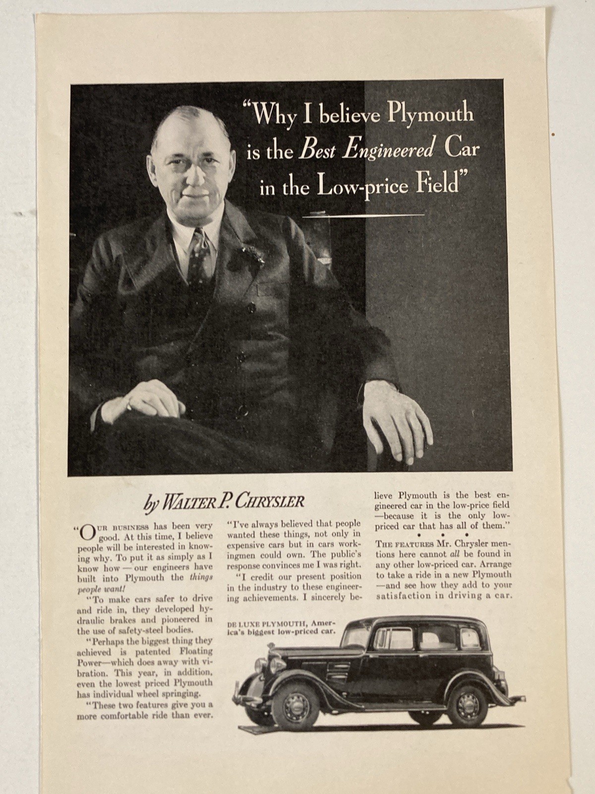 1934 Plymouth De Luxe Print Ad Best Engineered Walter P. Chrysler
