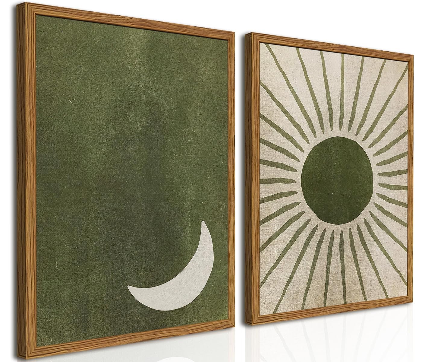 Hwetui Framed Boho Sun And Moon Canvas Wall Art Set 2, Vintage Sage Green