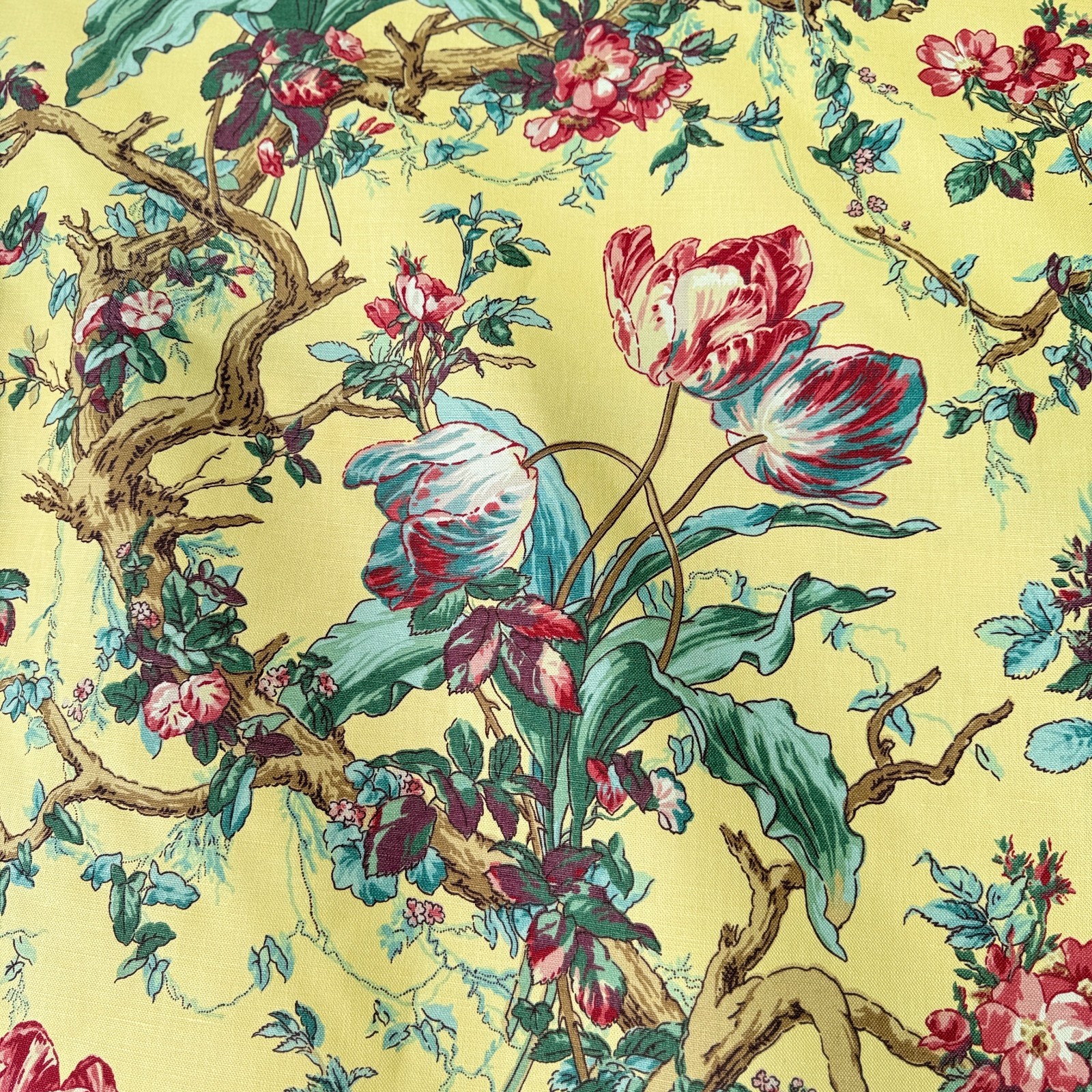15.5 yds Vintage Greeff Schumacher Fabric Pink Green Tulips on Yellow Upholsery