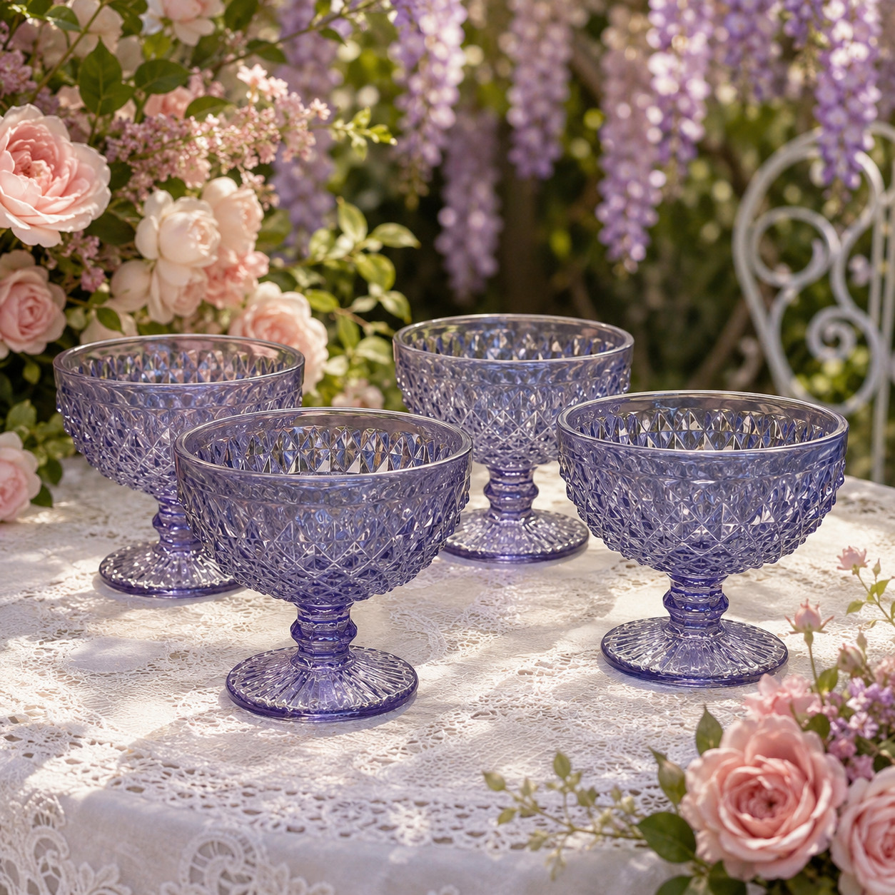 Bridgerton Purple Diamond Cut Champagne Coupe Glasses Set of 4 New Regency Style