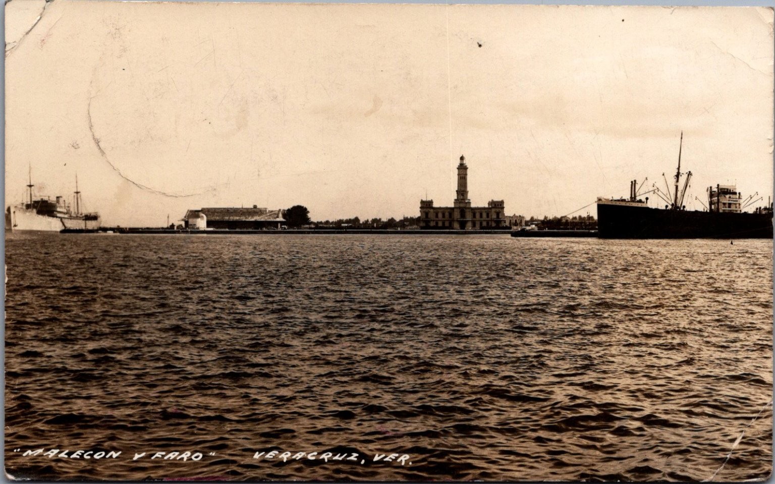 1941 Veracruz Mexico Malecon y Faro Lighthouse Harbor RPPC Postcard