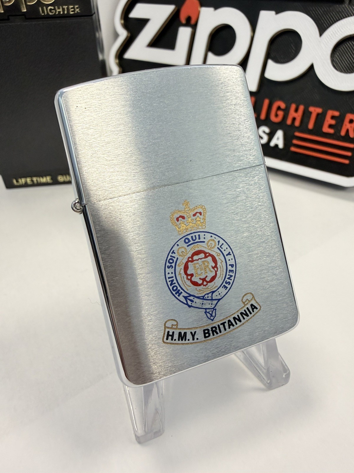 Zippo Lighter SUPERB HER MAJESTY'S YACHT BRITANNIA Brushed Chrome 1991 NEW