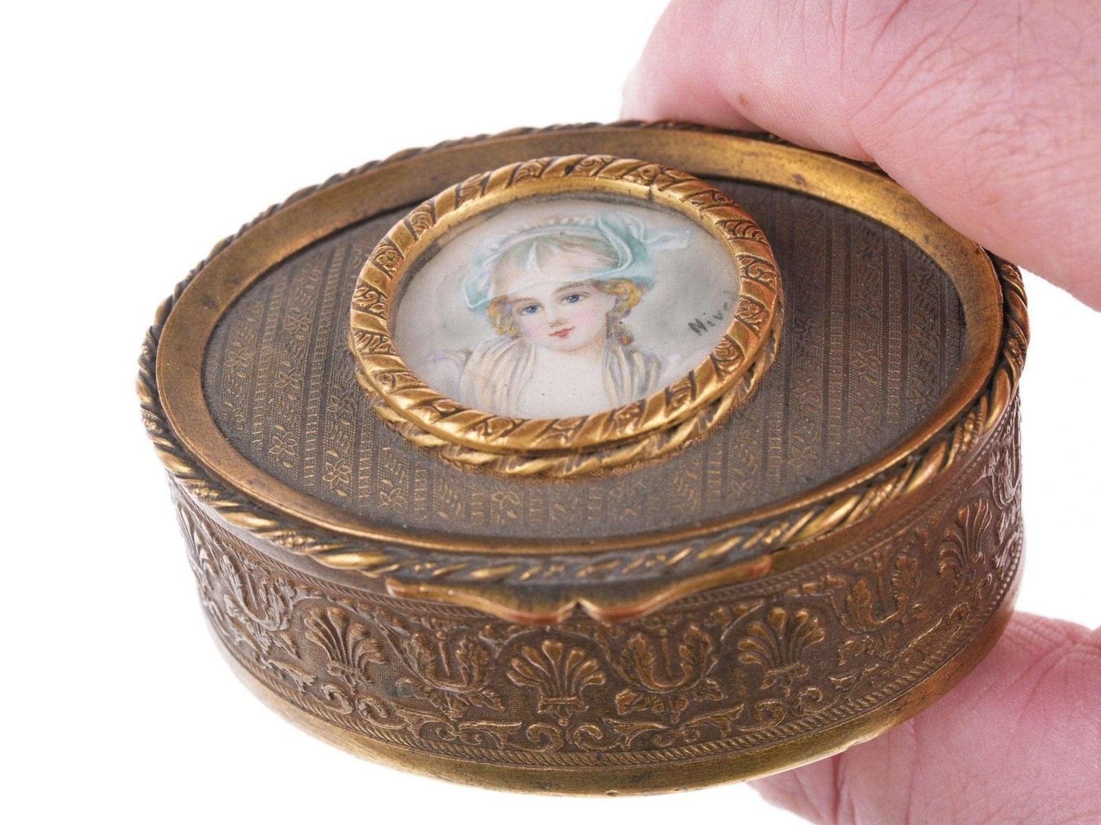 c1900 French Gilt jewelry box with hand painted portrait