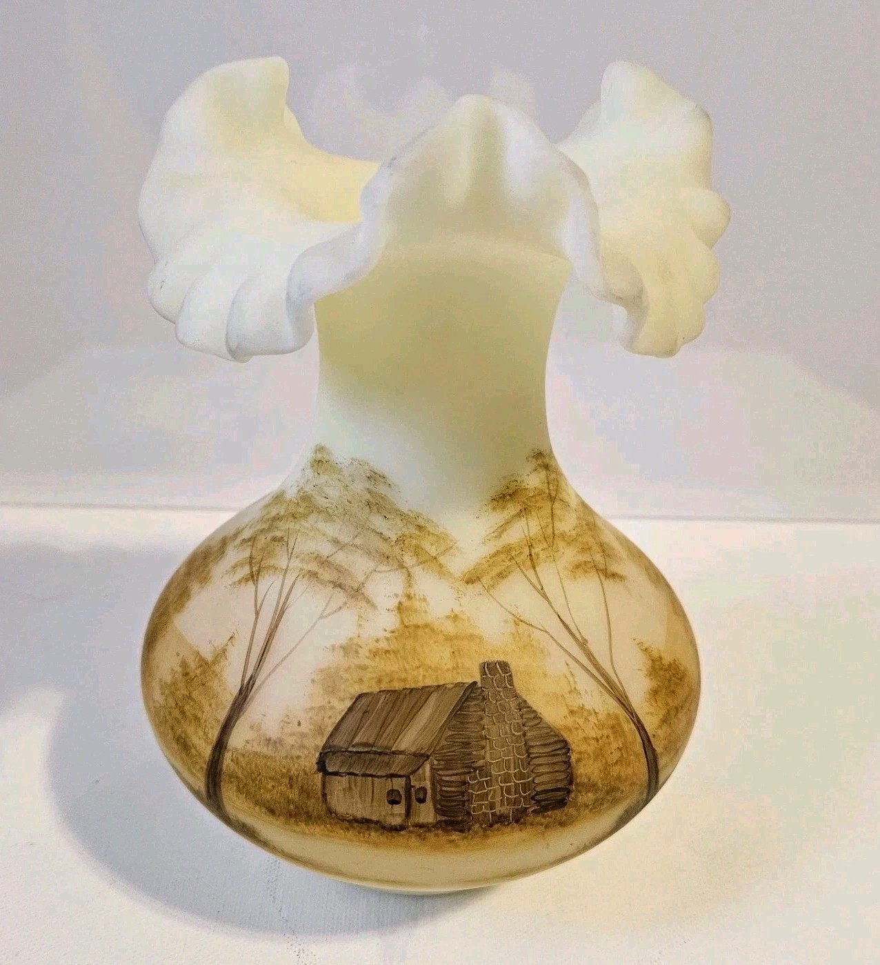 Vintage Fenton Burmese Vase Log Cabin Vaseline Glass Hand Painted Signed Glows