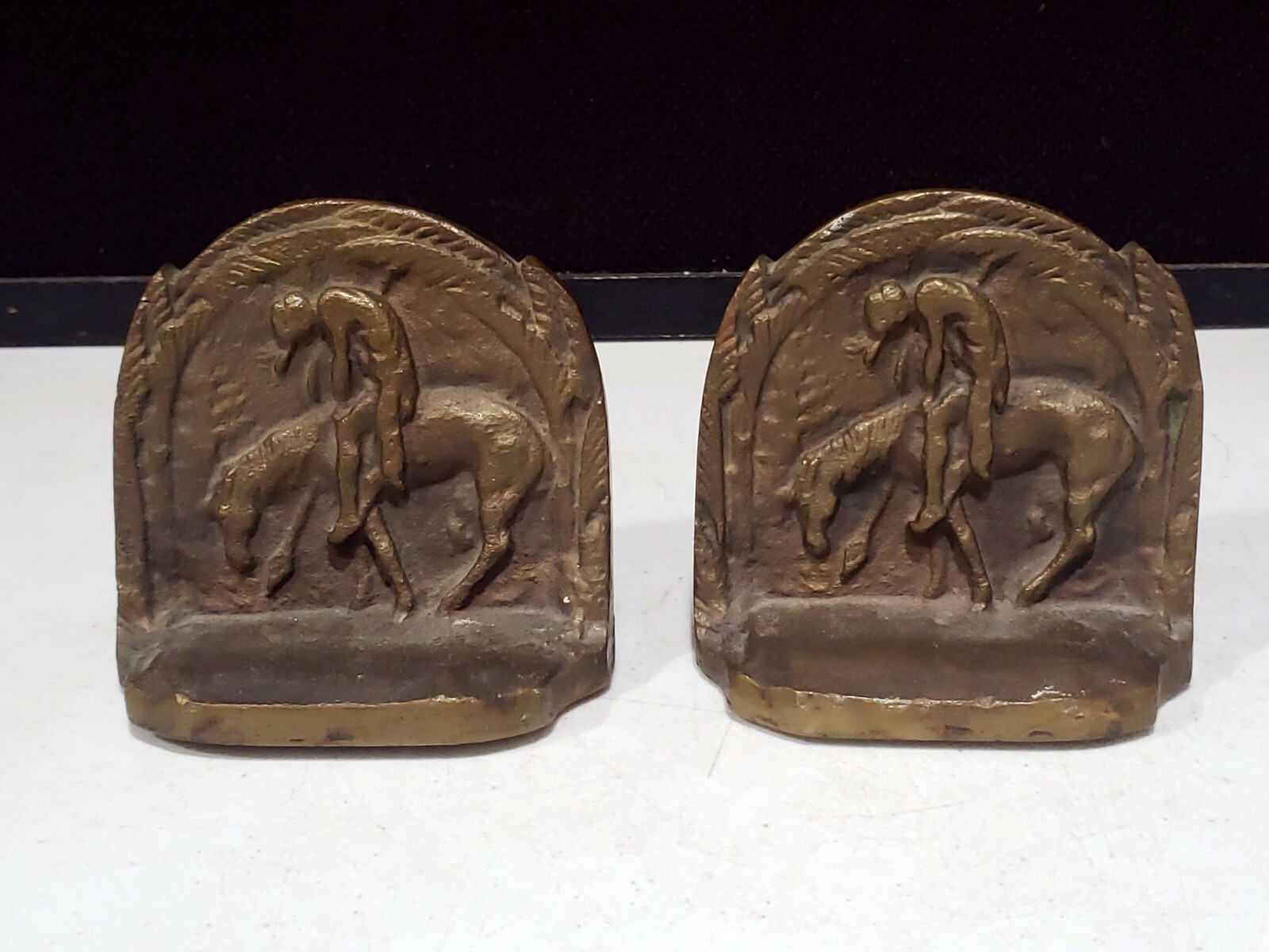 PAIR Antique Wounded Warrior On Horse Bronzed Cast Iron Bookends