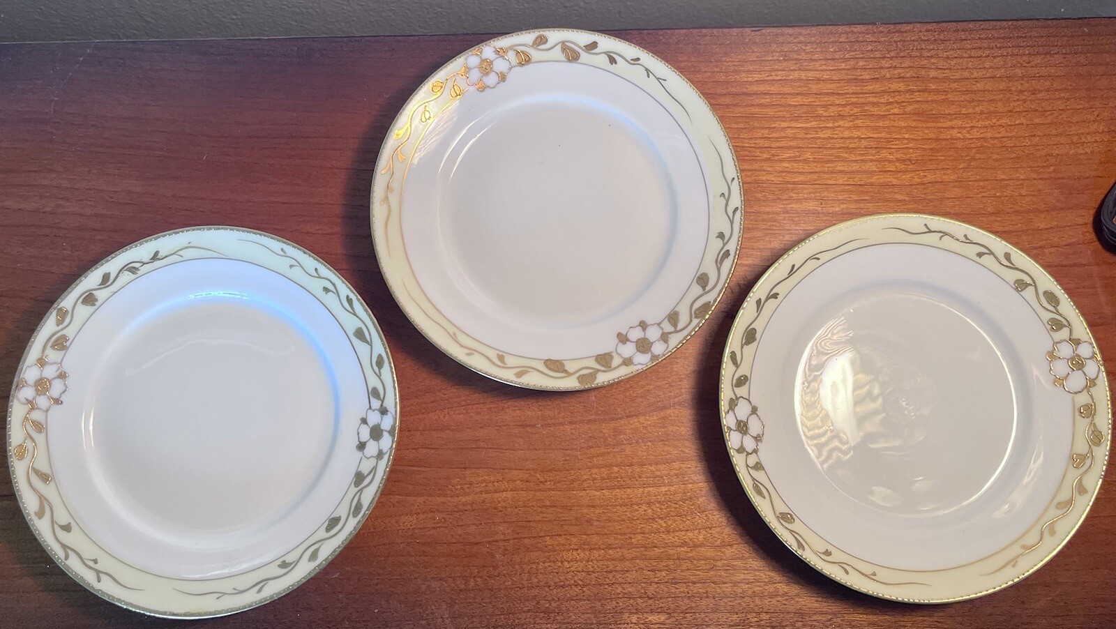 Antique Nippon Hand Painted Moriage Plates Porcelain Floral Gold Trim Set 3 5.75