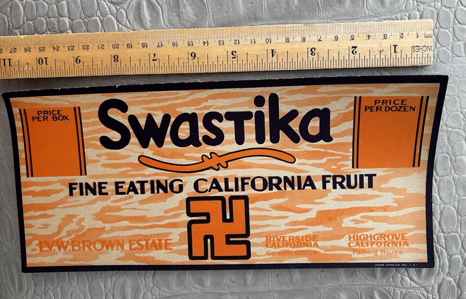Vintage 1920s Rare SWASTIKA California Fruit Crate Cardboard Label