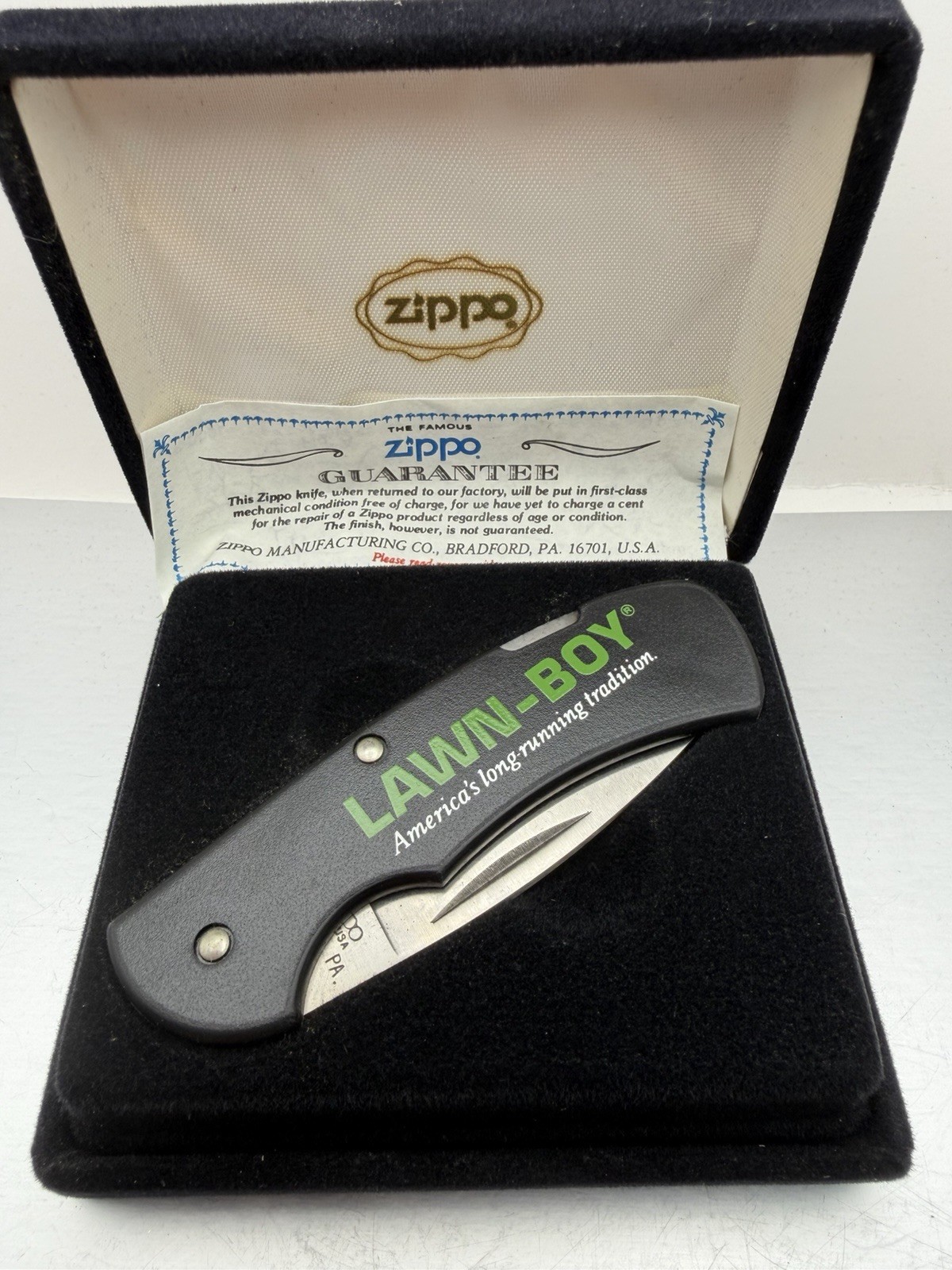 Vintage Lawn Boy Advertising Stainless Zippo Pocket Knife NEW B51