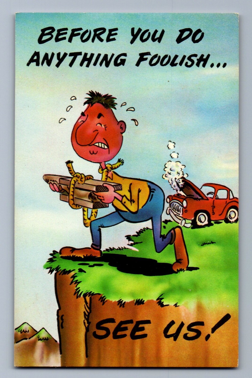 C.1970 DARK MORBID SUICIDE HUMOR, Anvil, Car Broke Postcard P1 C.1970 DARK MORBID SUICIDE HUMOR, Anvil, Car Broke Postcard P1