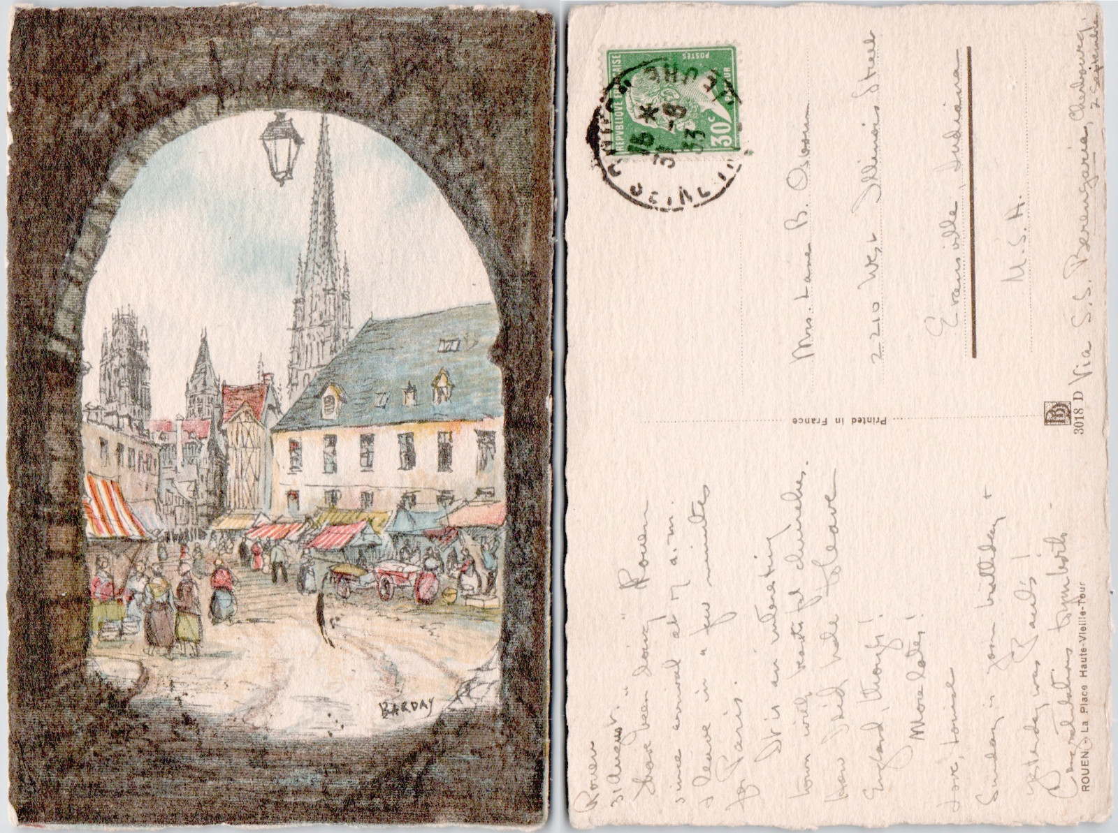 France Rouen 1930 Old Town Market Scene Cathedral Arch Barday Painting Postcard