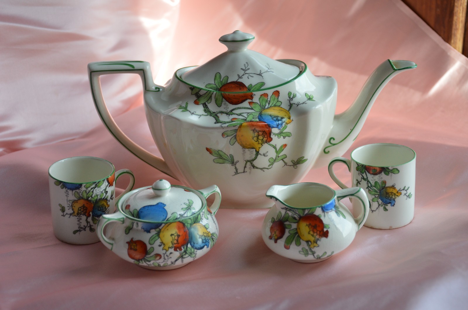 Crown Ducal Art Deco Pomegranate Tea Set 3 Pc With 2 Coffee Can Cups 1920\'s