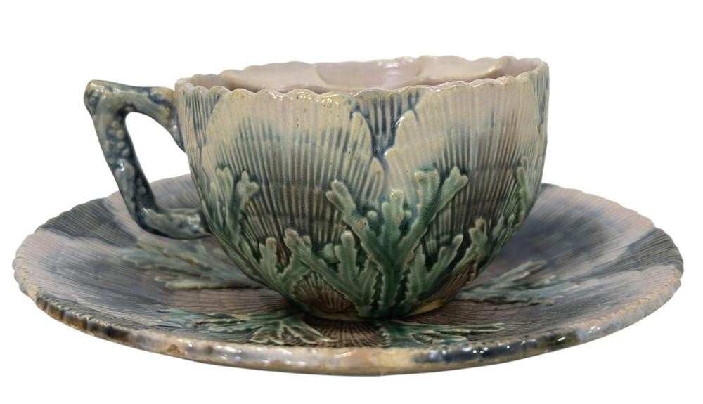 Antique Etruscan Majolica Shell & Seaweed Mustache Teacup & Saucer GSH Victorian