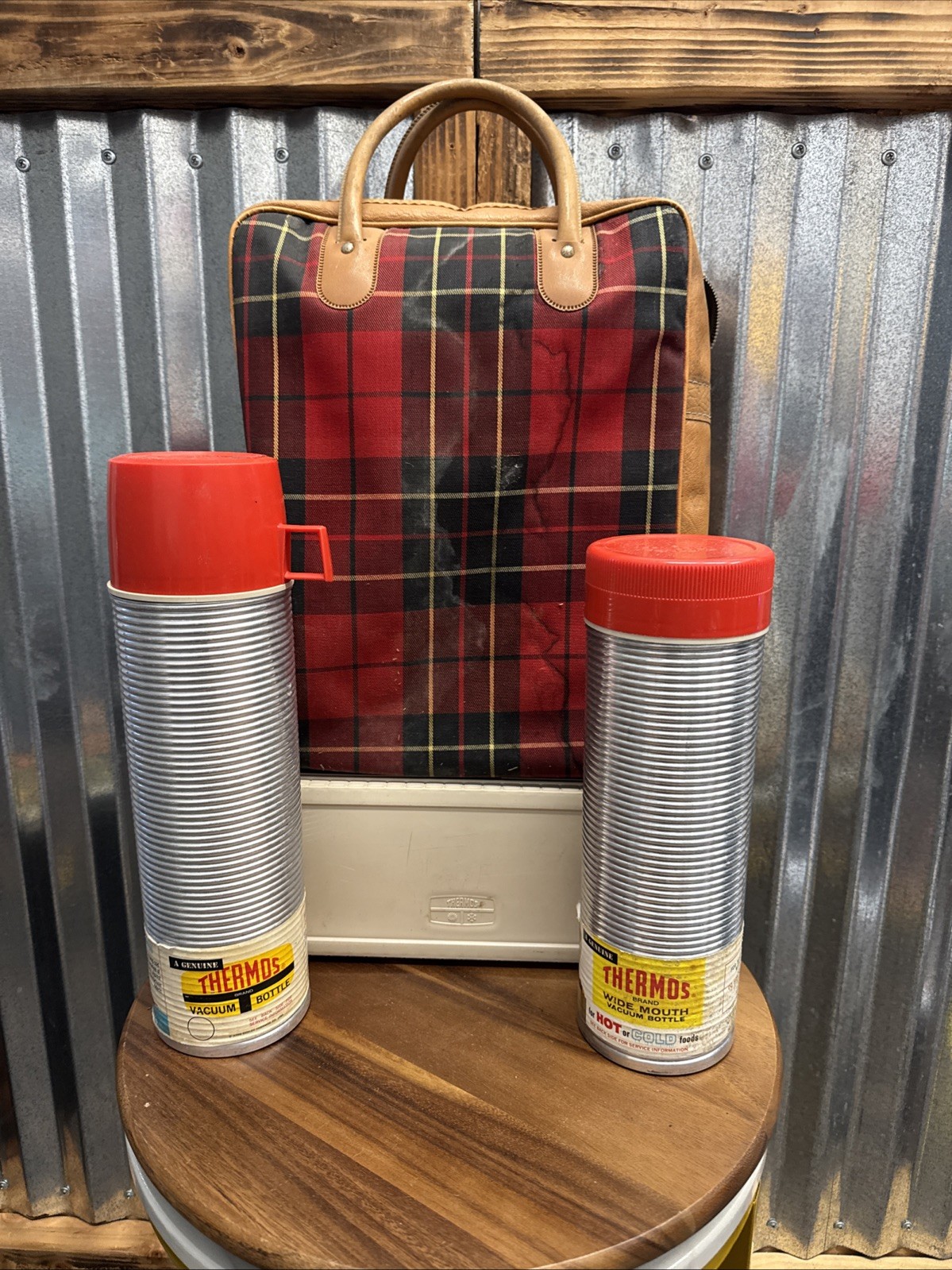 Vintage 1967 King Seely Red Plaid Thermos Travel/Picnic Set Complete Made USA