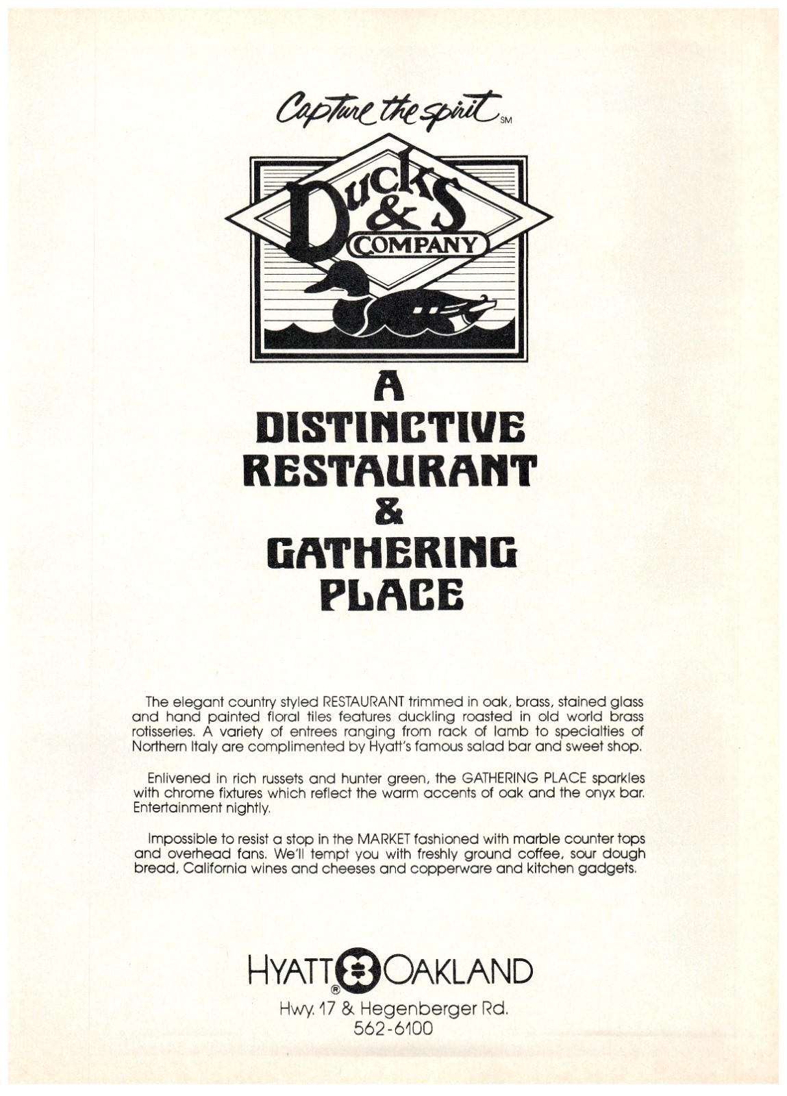 1983 PRINT AD Hyatt Oakland Ducks & Company Restaurant & Gathering Place 80\'s Ad
