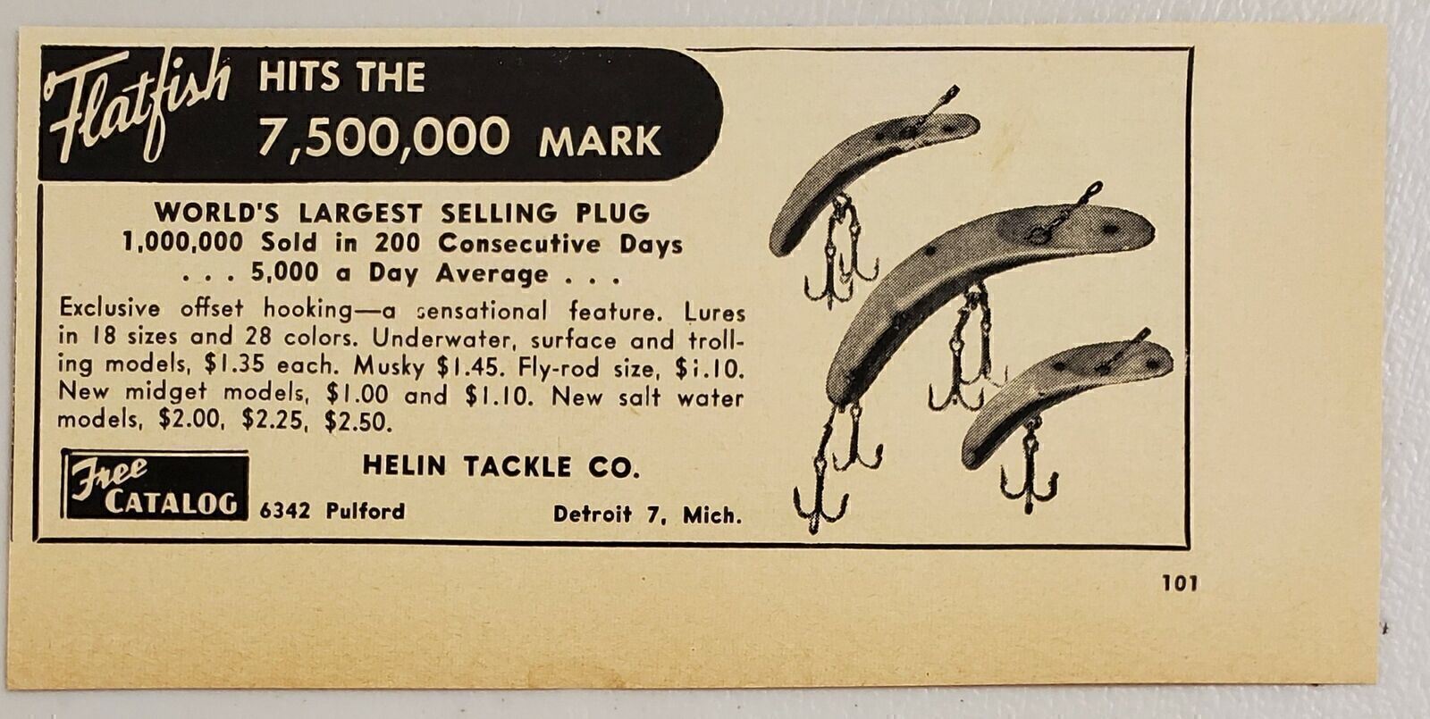 1951 Print Ad Helin Flatfish Fishing Lures Made in Detroit,Michigan