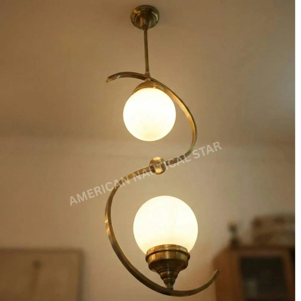 Nautical Art Deco Brass Ceiling Lights Vintage Fixtures with Milk Glass 1 Piece