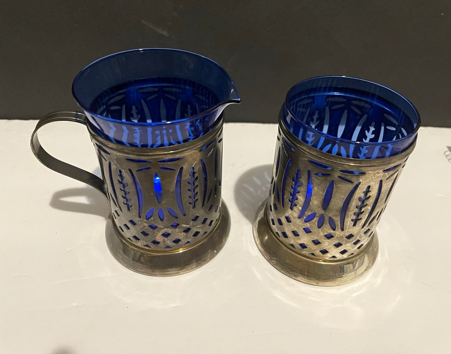 Cobalt Blue Glass Creamer & Sugar Bowl Set w/ Silver Metal Holder, Cutout, 2pc Cobalt Blue Glass Creamer & Sugar Bowl Set w/ Silver Metal Holder, Cutout, 2pc