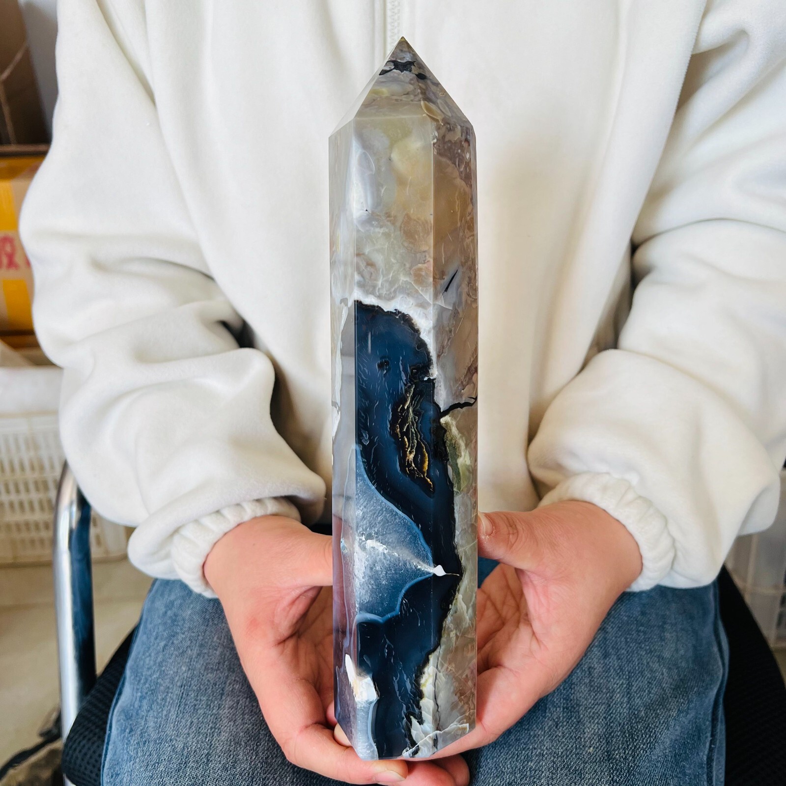 2.86LB RARE Natural Volcanic Agate Pillar obelisk Quartz Crystal Healing