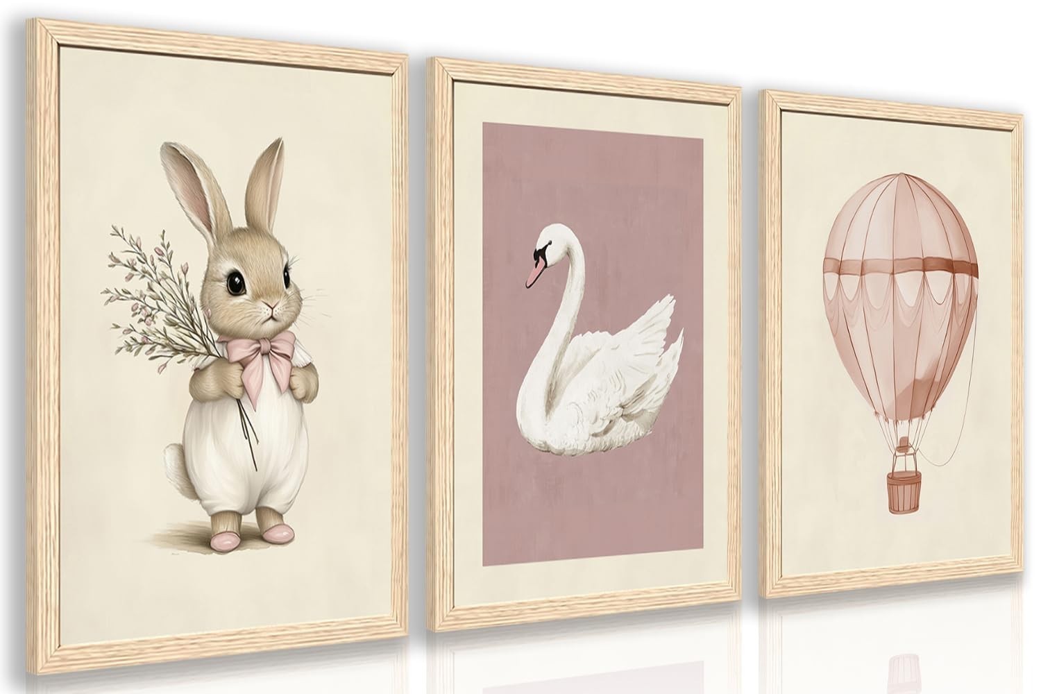 Hianan Wood Framed Pink Cute Bunny Nursery Wall Art Set Of 3, 16x24 In Hianan Wood Framed Pink Cute Bunny Nursery Wall Art Set Of 3, 16x24 In