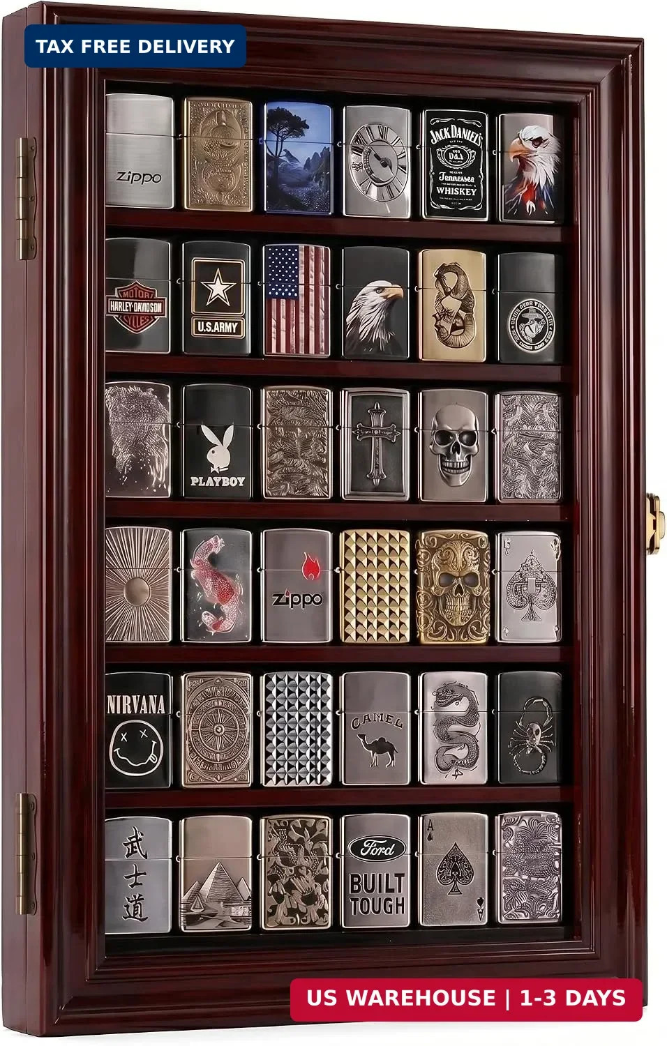 36 Lighter Display Case with Solid Pine, Finish Shadow Box for Zippo, Military,